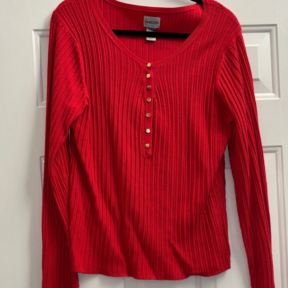 Chicos Vibrant Red Ribbed Long Sleeve Tee